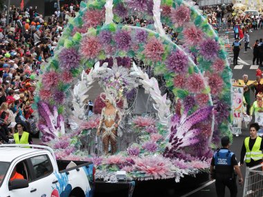 Tenerife, İspanya - mar 05, 2019: Santa Cruz de Tenerife sokaklarında ünlü karnaval festivali, vurmalı çalgıların ritmine uygun karakterler ve gruplar.