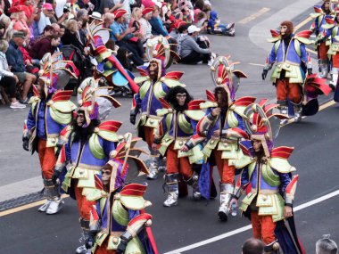 Tenerife, İspanya - mar 05, 2019: Santa Cruz de Tenerife sokaklarında ünlü karnaval festivali, vurmalı çalgıların ritmine uygun karakterler ve gruplar.