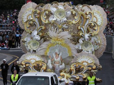 Tenerife, İspanya - mar 05, 2019: Santa Cruz de Tenerife sokaklarında ünlü karnaval festivali, vurmalı çalgıların ritmine uygun karakterler ve gruplar.