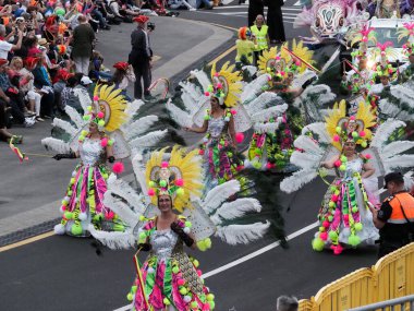 Tenerife, İspanya - mar 05, 2019: Santa Cruz de Tenerife sokaklarında ünlü karnaval festivali, vurmalı çalgıların ritmine uygun karakterler ve gruplar.