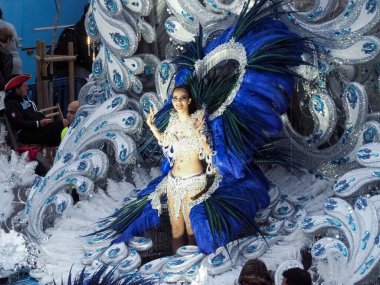 Tenerife, İspanya - mar 05, 2019: Santa Cruz de Tenerife sokaklarında ünlü karnaval festivali, vurmalı çalgıların ritmine uygun karakterler ve gruplar.