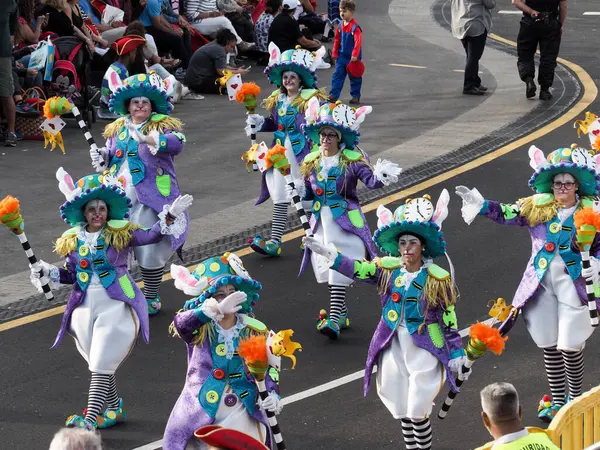 Tenerife, İspanya - mar 05, 2019: Santa Cruz de Tenerife sokaklarında ünlü karnaval festivali, vurmalı çalgıların ritmine uygun karakterler ve gruplar.