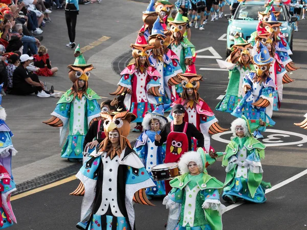 Tenerife, İspanya - mar 05, 2019: Santa Cruz de Tenerife sokaklarında ünlü karnaval festivali, vurmalı çalgıların ritmine uygun karakterler ve gruplar.