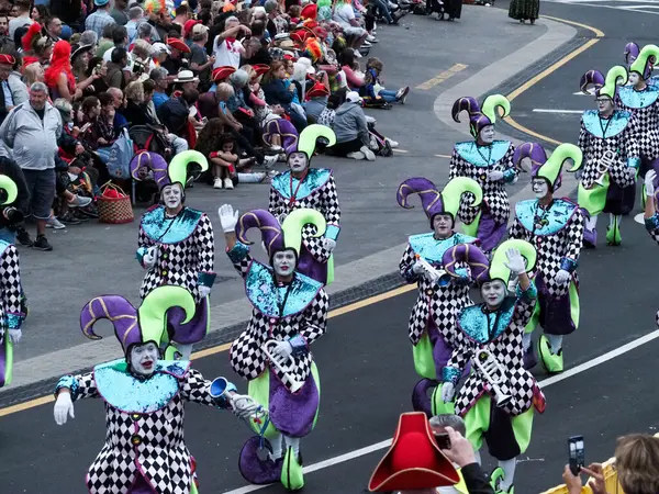 Tenerife, İspanya - mar 05, 2019: Santa Cruz de Tenerife sokaklarında ünlü karnaval festivali, vurmalı çalgıların ritmine uygun karakterler ve gruplar.