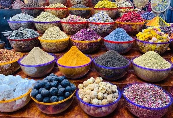 stock image Arabic shop showcase with oriental exotic colorful spices and herbs