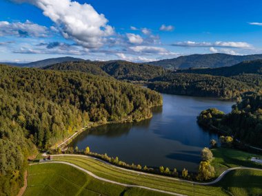 Slovenya 'nın Lukovica kenti yakınlarındaki Gradisko Jezero' nun hava görüntüsü, öğleden sonra saatlerinde verimli ormanlarla çevrili sakin bir gölü ve parçalı bulutlu bir gökyüzünün altında yuvarlanan tepeleri gösteriyor.