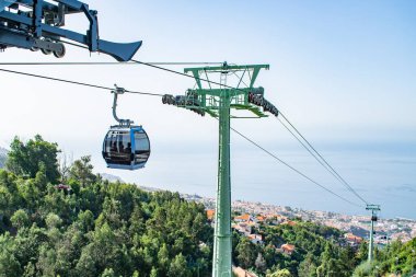 view of Funchal with traditional cable car above the city, in Madeira island vacation tourism landscape panorama.