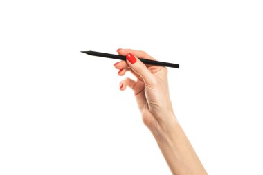 Yakın plan kadın el yazısı, elinde kalem, elinde siyah tahta kalem, kesme yolu olan beyaz arka planda izole edilmiş. Yüksek kalite fotoğraf