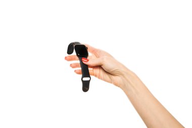 Beyaz arka planda izole edilmiş beyaz akıllı kadın elleri. Yüksek kalite fotoğraf