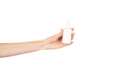 Beyaz arka planda izole edilmiş beyaz kozmetik sprey şişesi. Yüksek kalite fotoğraf