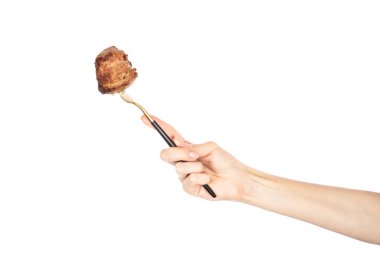 Beyaz arka planda izole edilmiş çatal üzerinde ızgara et. Yüksek kalite fotoğraf