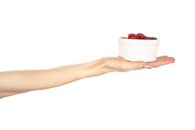 Beyaz arka planda izole edilmiş ellerdeki ahududu. Yüksek kalite fotoğraf