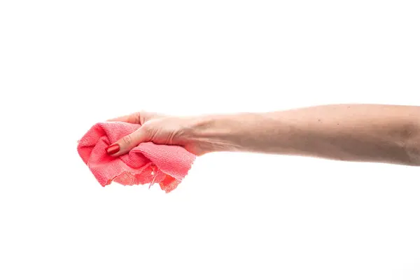 stock image Rag microfiber in female hand with red nails, isolated on a white background. High quality photo