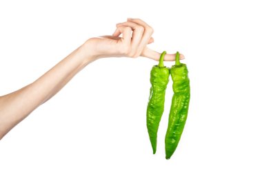 Beyaz arka planda izole edilmiş kadın elinde yeşil biber. Yüksek kalite fotoğraf