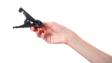 Stüdyo fotoğrafı arka plan kıskacı, arka plan kıskacı, beyaz arka planda izole edilmiş fotoğraf stüdyosu klipsi. Yüksek kalite fotoğraf