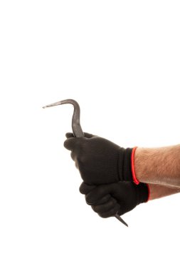 Metal siyah levye beyaz arka planda bir adamın elinde, izole. Yakın plan. Yüksek kalite fotoğraf