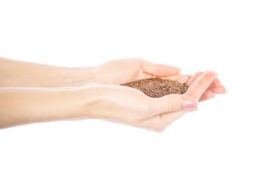 Kadınların elindeki keten tohumları beyaz arka planda izole edilmiş. Yüksek kalite fotoğraf