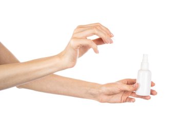 Beyaz arka planda izole edilmiş beyaz kozmetik sprey şişesi. Yüksek kalite fotoğraf