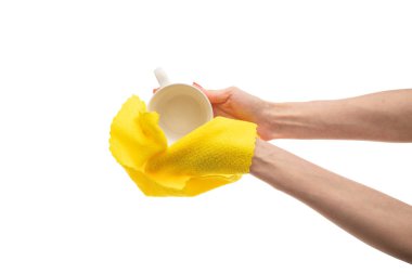 Mutfakta beyaz bardağı havluyla silen kadın, yakın plan. Yüksek kalite fotoğraf