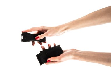 Beyaz arka planda feneri olan siyah elektrik şoku. Yüksek kalite fotoğraf