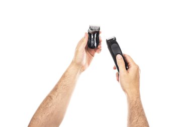 Beyaz arka planda el yapımı saç kesme makinesi var. - Evet. Yüksek kalite fotoğraf