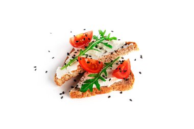 Bruschetta with cream cheese and vegetables isolated on a white background. Toasts and coffee isolated. Sandwich isolated. Sandwich with vegetables and cheese. High quality photo clipart