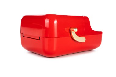 Beyaz arkaplanda izole edilmiş yazıcı etiketleri için küçük kırmızı yazıcı. Yüksek kalite fotoğraf