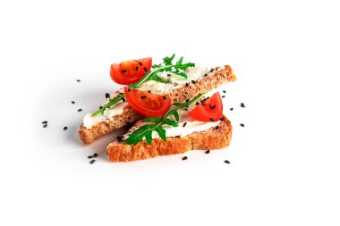 Bruschetta with cream cheese and vegetables isolated on a white background. Toasts and coffee isolated. Sandwich isolated. Sandwich with vegetables and cheese. High quality photo clipart