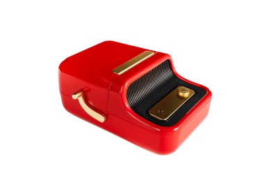 Beyaz arkaplanda izole edilmiş yazıcı etiketleri için küçük kırmızı yazıcı. Yüksek kalite fotoğraf