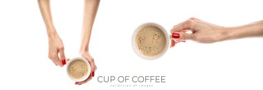 Kadın eli beyaz arka planda beyaz bir seramik bardak tutuyor. Taze kırmızı manikürlü kadın elleri. Beyaz arka planda izole edilmiş. Yüksek kalite fotoğraf