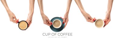 Kadın eli beyaz arka planda beyaz bir seramik bardak tutuyor. Taze kırmızı manikürlü kadın elleri. Beyaz arka planda izole edilmiş. Yüksek kalite fotoğraf