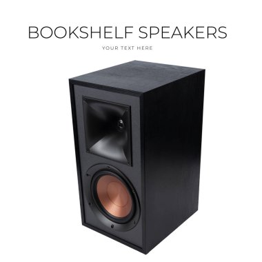 Beyaz arka planda ahşap kaplamalı siyah hoparlör - 3D görüntüleme. Yüksek kalite fotoğraf