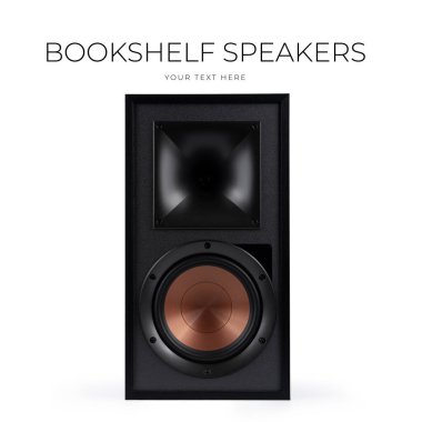 Beyaz arka planda ahşap kaplamalı siyah hoparlör - 3D görüntüleme. Yüksek kalite fotoğraf