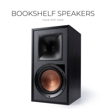 Beyaz arka planda ahşap kaplamalı siyah hoparlör - 3D görüntüleme. Yüksek kalite fotoğraf