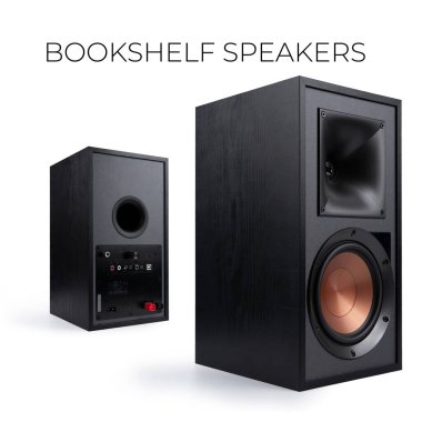 Beyaz arka planda ahşap kaplamalı siyah hoparlör - 3D görüntüleme. Yüksek kalite fotoğraf