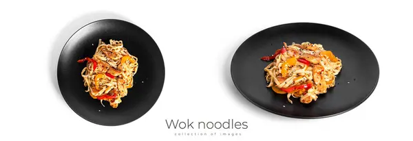 stock image Wok noodles with chicken isolated on a white background. Pasta with chicken fillet. High quality photo