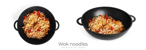 stock image Wok noodles with chicken isolated on a white background. Pasta with chicken fillet. High quality photo