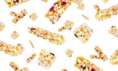 Granola bar isolated on white background. Muesli bar isolated. Granola bars flying. Falling bars. High quality photo clipart