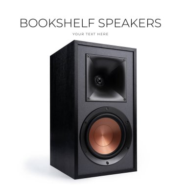 Beyaz arka planda ahşap kaplamalı siyah hoparlör - 3D görüntüleme. Yüksek kalite fotoğraf