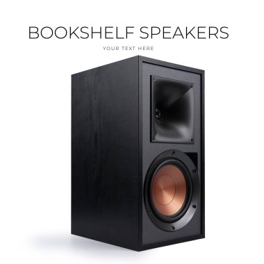 Beyaz arka planda ahşap kaplamalı siyah hoparlör - 3D görüntüleme. Yüksek kalite fotoğraf