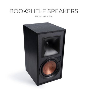 Beyaz arka planda ahşap kaplamalı siyah hoparlör - 3D görüntüleme. Yüksek kalite fotoğraf