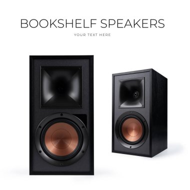 Beyaz arka planda ahşap kaplamalı siyah hoparlör - 3D görüntüleme. Yüksek kalite fotoğraf