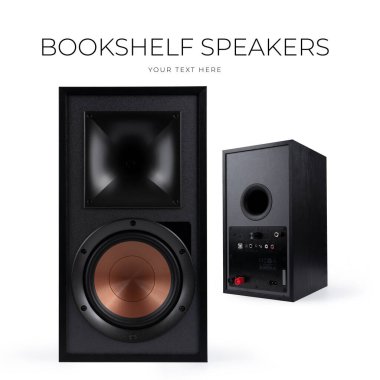 Beyaz arka planda ahşap kaplamalı siyah hoparlör - 3D görüntüleme. Yüksek kalite fotoğraf