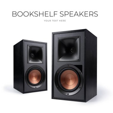 Beyaz arka planda ahşap kaplamalı siyah hoparlör - 3D görüntüleme. Yüksek kalite fotoğraf