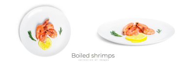 Beyaz arka planda izole edilmiş siyah bir tabakta limonlu ve biberiyeli haşlanmış karides. Yüksek kalite fotoğraf