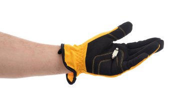 Avuç içinin açık olduğu siyah ve sarı bir eldiven giyen bir elin yakın çekimi, genellikle marangozluk veya inşaat işlerinde kullanılan güvenlik teçhizatlarına odaklandığını gösterir..