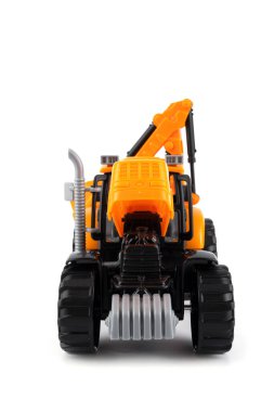 Traktör. Kazıcı. Sınıf. Çocuk oyuncağı. Beyaz arka planda çocuk oyuncağı. Yüksek kalite fotoğraf