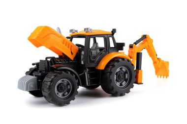 Traktör. Kazıcı. Sınıf. Çocuk oyuncağı. Beyaz arka planda çocuk oyuncağı. Yüksek kalite fotoğraf