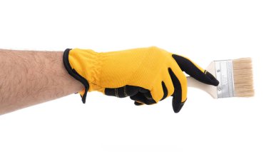 Parlak sarı bir eldiven giymiş bir el boyama görevi için hazır bir fırçayı kavrıyor. Eldivende siyah aksanlar var. Yaratıcı bir projeye hazırlanıyor. Muhtemelen içeride ya da dışarıda..