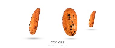 Beyaz arka planda izole edilmiş çikolata parçalı kurabiyeler, yiyecek havalanması. Yüksek kalite fotoğraf